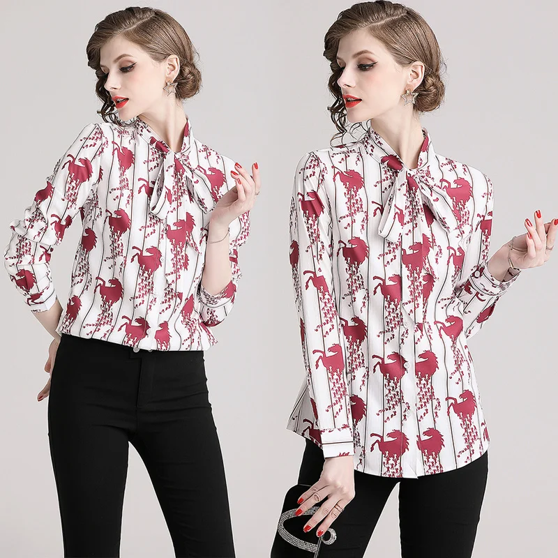 Women Clothing chic bow tie Printing Runway Blouses Long Sleeve Blusas Office Lady Single-Breasted Red Shirts Tops
Women Clothing chic bow tie Printing Runway Blouses Long Sleeve Blusas Office Lady Single-Breasted Red Shirts Tops