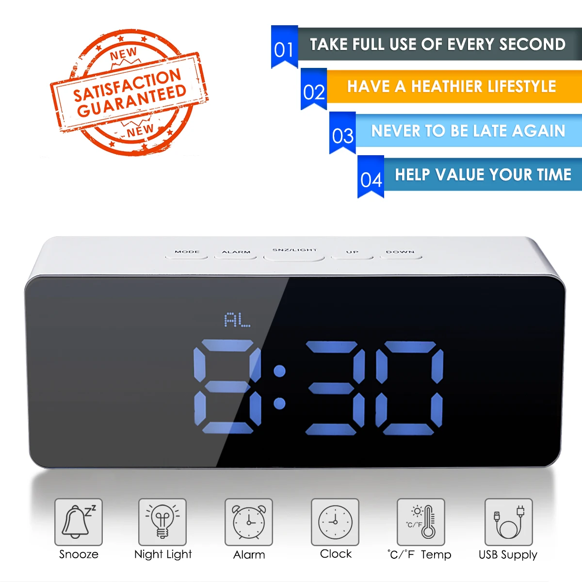 Portable Rectangular HD Mirror-Digital Alarm Clock LED Snooze Time Alarmmer Electronic Display Temperature Clock USB Charging
Portable Rectangular HD Mirror-Digital Alarm Clock LED Snooze Time Alarmmer Electronic Display Temperature Clock USB Charging