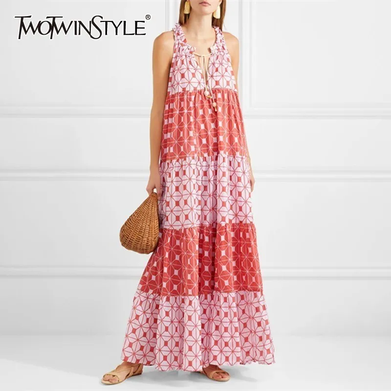 TWOTWINSTYLE Vintage Print Sleeveless Women Dress O Neck Off Shoulder Bandage Oversized Ankle Length Dresses Female Summer 2019
TWOTWINSTYLE Vintage Print Sleeveless Women Dress O Neck Off Shoulder Bandage Oversized Ankle Length Dresses Female Summer 2019