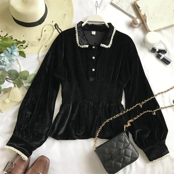 2019 Korean Women Beading Slim Tops And Blouses Office Lady Peter Pan Collar Velour Shirt Lantern Sleeve Oversized Blusas Mujer
2019 Korean Women Beading Slim Tops And Blouses Office Lady Peter Pan Collar Velour Shirt Lantern Sleeve Oversized Blusas Mujer