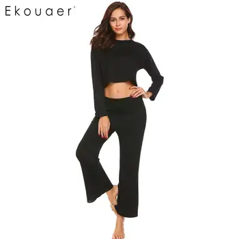 Ekouaer Women Cotton Sleepwear Pajamas Set Solid O-Neck Long Sleeve Crop Tops Elastic Waist Pants Two Piece Pajama Sets 
Ekouaer Women Cotton Sleepwear Pajamas Set Solid O-Neck Long Sleeve Crop Tops Elastic Waist Pants Two Piece Pajama Sets