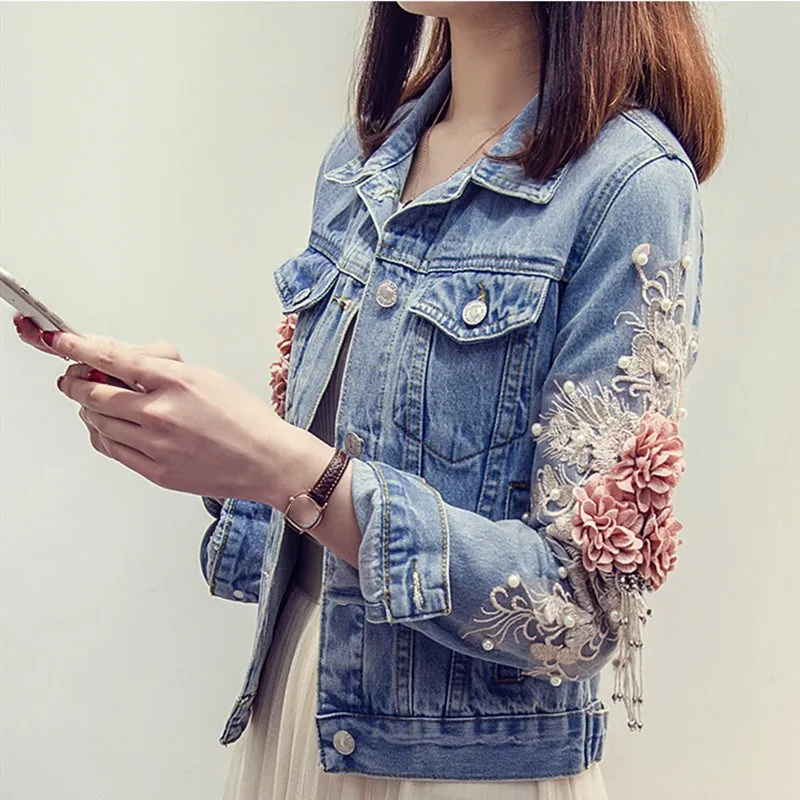 2019 Spring Autumn Lace Floral Jeans Jacket Pink Flower Embroidery Hole Denim Jackets Student Basic Coats Beading Jeans Coat
2019 Spring Autumn Lace Floral Jeans Jacket Pink Flower Embroidery Hole Denim Jackets Student Basic Coats Beading Jeans Coat