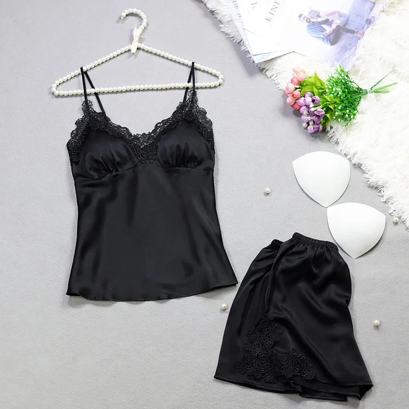 Summer Mujer Sexy Silky Pajamas Lingerie Sling+shorts 2 Piece Silk Solid Femme Lace Embroidery Deep V Women Sleepwear Set Pyjama
Summer Mujer Sexy Silky Pajamas Lingerie Sling+shorts 2 Piece Silk Solid Femme Lace Embroidery Deep V Women Sleepwear Set Pyjama