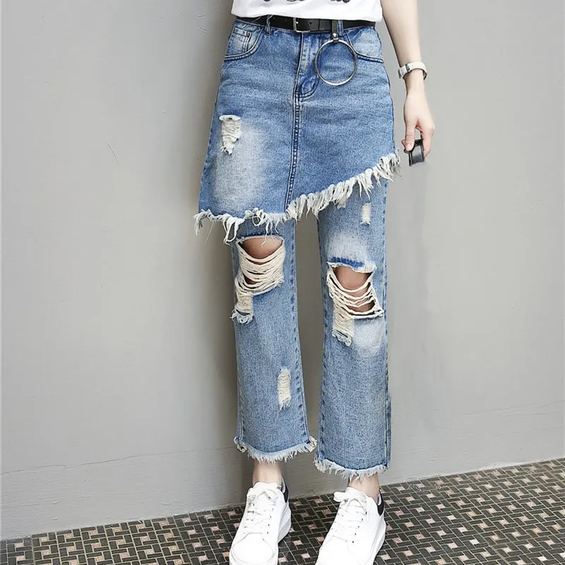 Fashion Women Irregular Ripped Hole Tassel Denim Pants Casual Loose Fake Two-Piece Skirt Pants Wide Leg Pants
Fashion Women Irregular Ripped Hole Tassel Denim Pants Casual Loose Fake Two-Piece Skirt Pants Wide Leg Pants