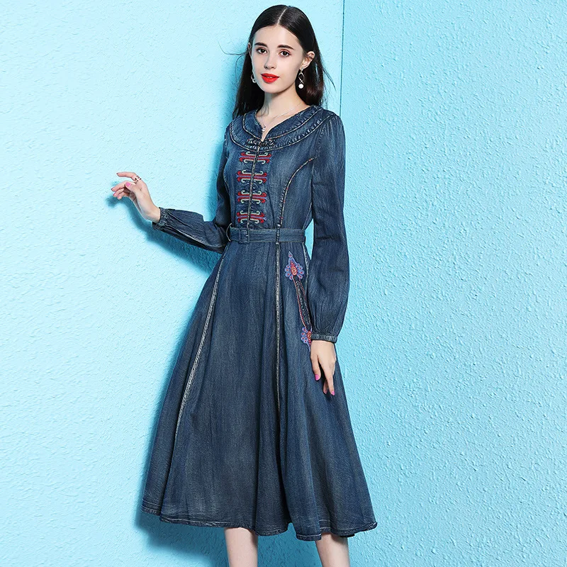 National style denim dress spring 2019 long sleeve waist slimming embroidery cowboy a-line dress spring waist women NW18C2888
National style denim dress spring 2019 long sleeve waist slimming embroidery cowboy a-line dress spring waist women NW18C2888