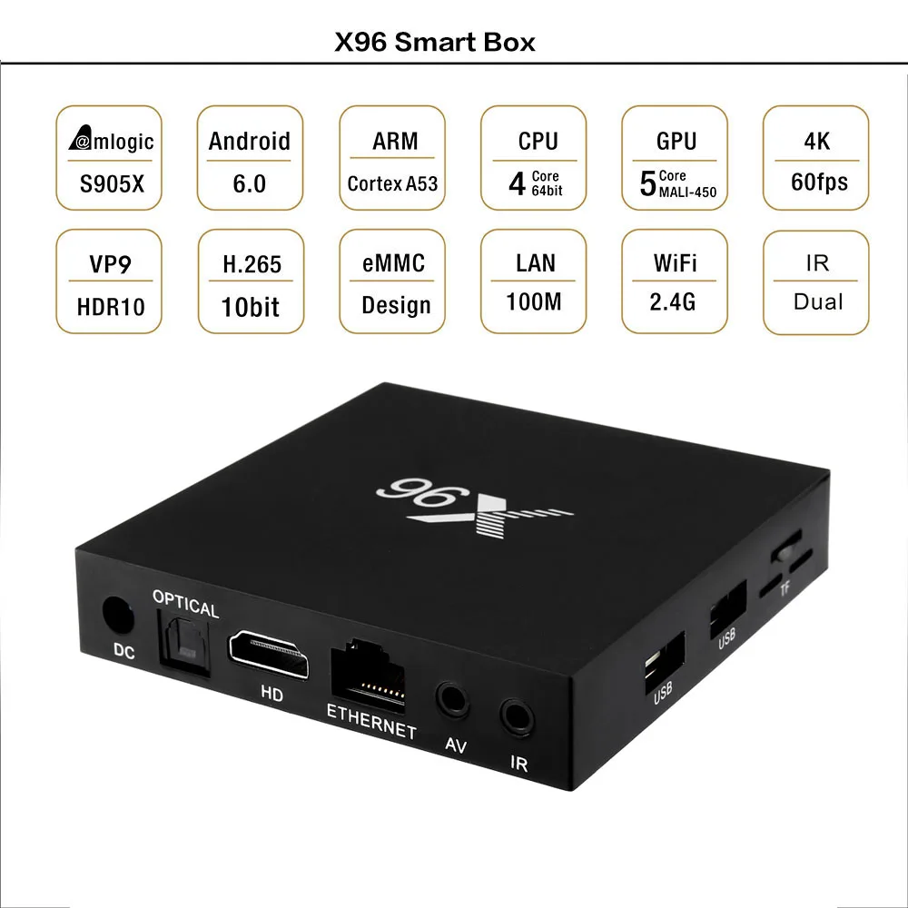 

X96 TV Box Android 6.0 Smart TV Box 2GB 16GB Amlogic S905X Quad Core 2.4GHz WIFI H.265 4K Set Top Box 1GB 8GB X96