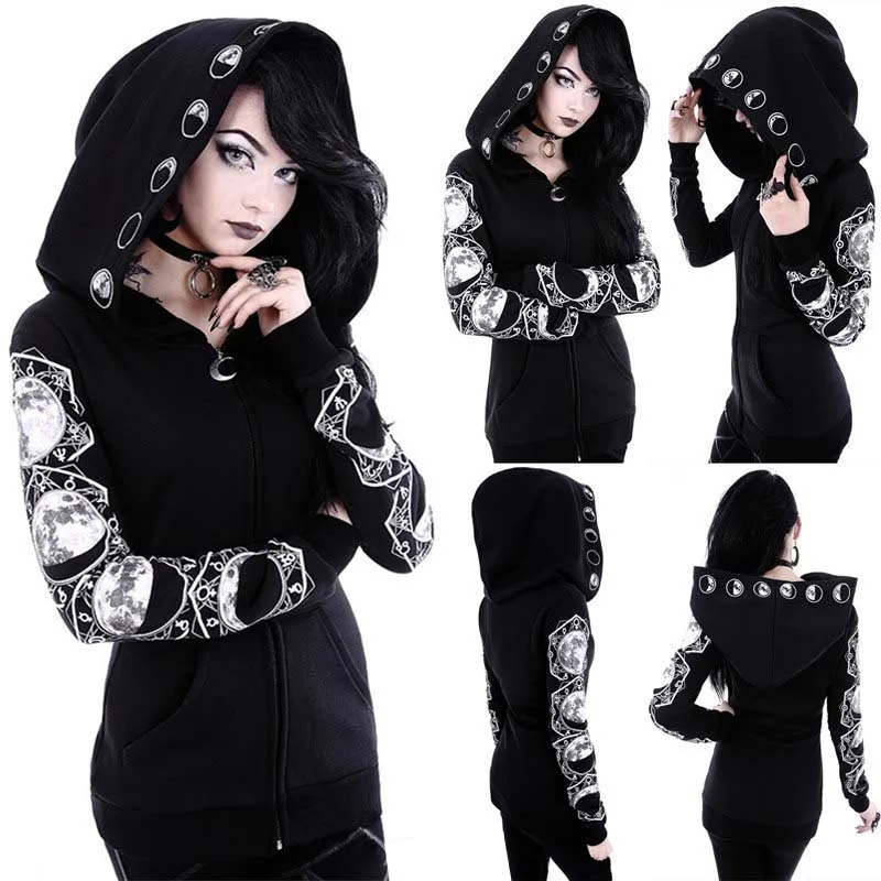 Women Hooded Zipper Pockets Letter Moon Print Gothic Puck Hoodies Casual Pullover Sweatshirt Black
Women Hooded Zipper Pockets Letter Moon Print Gothic Puck Hoodies Casual Pullover Sweatshirt Black