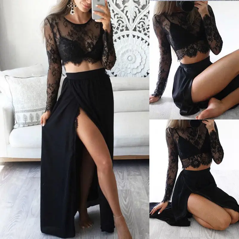 2 Pcs Sexy Summer Beach Women Evening Party Sets Transparent Lace Hollow Long Sleeve Crop Tops Black Long Maxi Split Skirts
2 Pcs Sexy Summer Beach Women Evening Party Sets Transparent Lace Hollow Long Sleeve Crop Tops Black Long Maxi Split Skirts