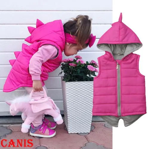 

Winter Toddler Waistcoats Baby Girl Kid Pink Dinosaur Sweatershirt Hooded Coat Winter Children Warm Outerwear Age 1-5Y