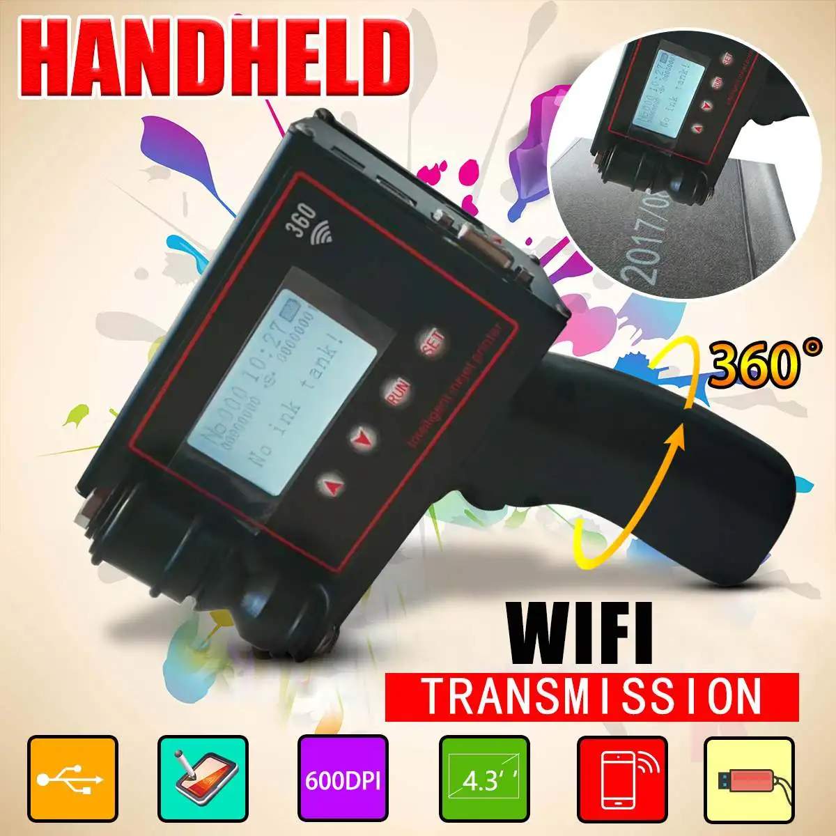 360PLUS HD600DPI Handheld Intelligent WiFi Inkjet Printer Coder Coding Machine For Carton Rubber Metal Expiry Date
360PLUS HD600DPI Handheld Intelligent WiFi Inkjet Printer Coder Coding Machine For Carton Rubber Metal Expiry Date