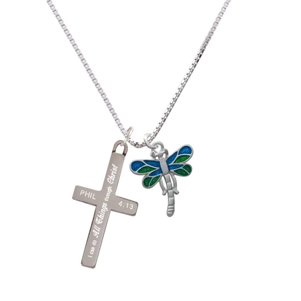 Dragonfly with Green & Blue Wings - I Can Do All Things Cross Necklace | Украшения и аксессуары