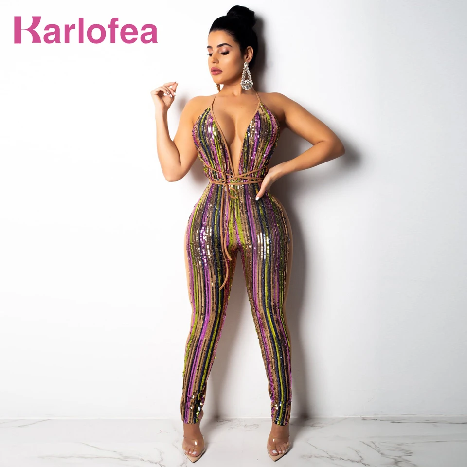 Karlofea Sexy Deep V Neck Multi Color Strip Sequin Jumpsuit Club Night Party Bodycon Long Rompers Women XXL Backless Jumpsuits
Karlofea Sexy Deep V Neck Multi Color Strip Sequin Jumpsuit Club Night Party Bodycon Long Rompers Women XXL Backless Jumpsuits