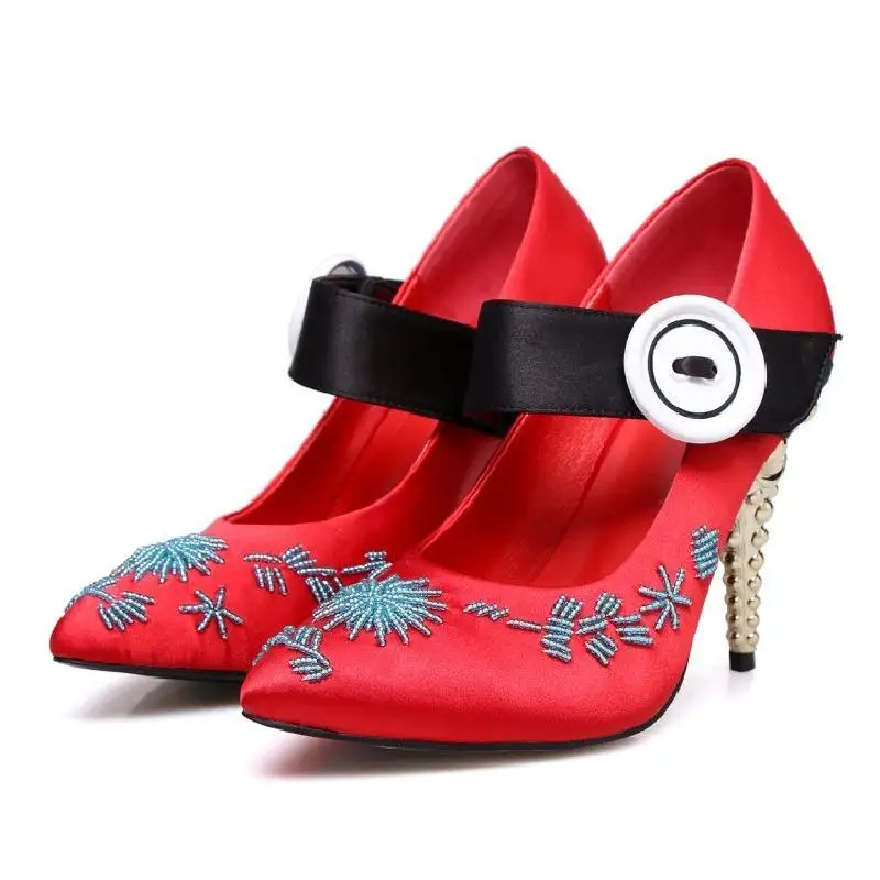 Red Silk Buckle Strap Mary Janes Pumps Shoes Women Flower Casual High Heel Shoes Beading Pointed Toe Bridal Shoes Zapatos Mujer
Red Silk Buckle Strap Mary Janes Pumps Shoes Women Flower Casual High Heel Shoes Beading Pointed Toe Bridal Shoes Zapatos Mujer
