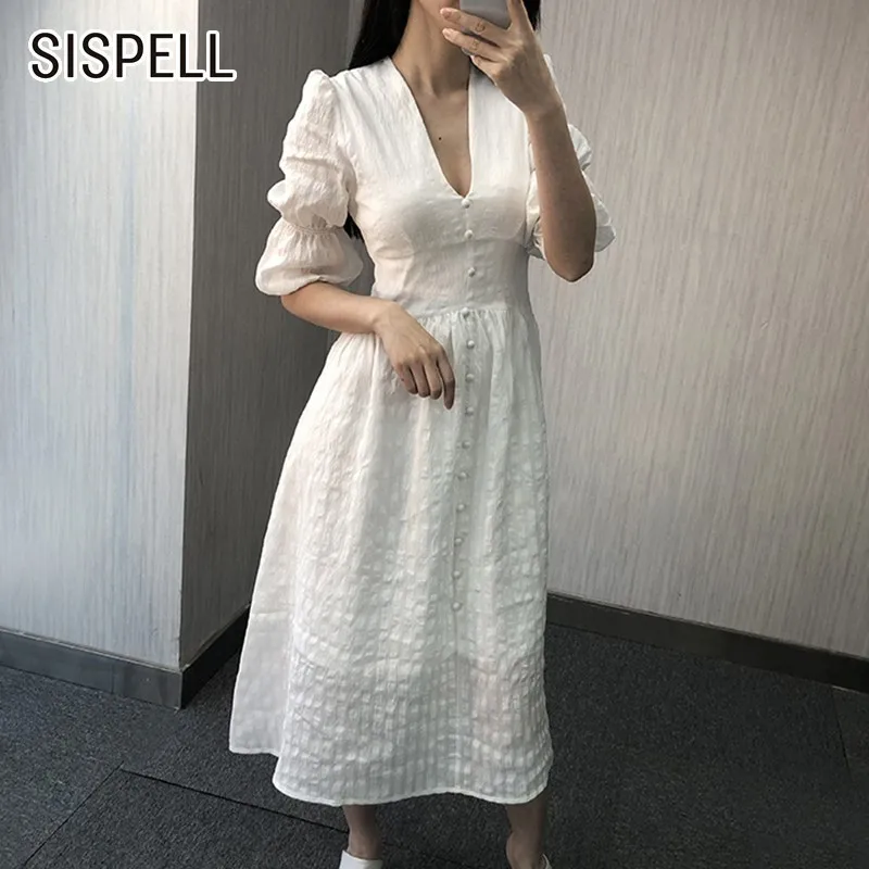 SISPELL Vintage Solid Dress For Women V Neck Puff Sleeve High Waist Slim Midi Summer A Line Dresses Female Fashion New Tide 2019 | Женская