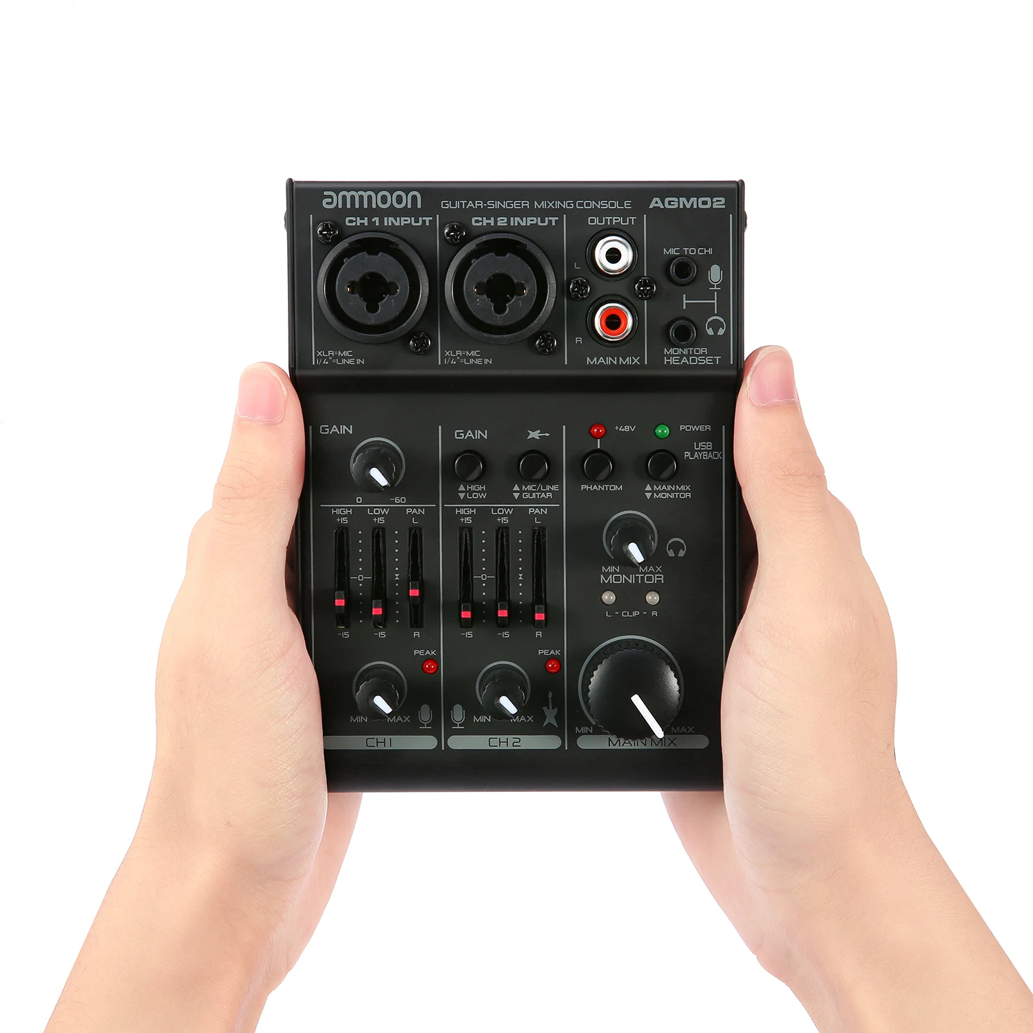 ammoon AGM02 2-Channel Sound Card Digital Mixing Console Audio Mixer 2-band EQ Built-in 48V Phantom Power 5V USB for DJ Live
ammoon AGM02 2-Channel Sound Card Digital Mixing Console Audio Mixer 2-band EQ Built-in 48V Phantom Power 5V USB for DJ Live