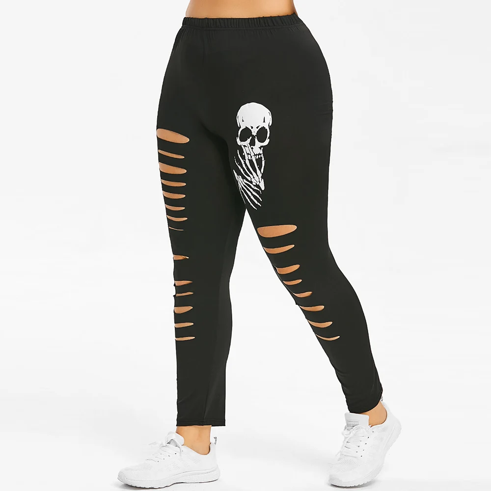 

Rosegal Plus Size Skull Print Ripped Leggings Sexy Women Summer Hollow Out Gothic Leggings Fitness Skinny Push Up Casual Clothes