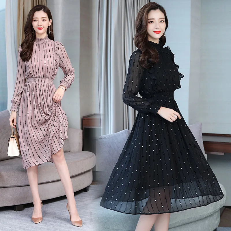 2019 Spring and Summer New Dress Women's Korean Long-sleeved Collar Elastic Waist Print Striped Chiffon Dress Robe Femme Black
2019 Spring and Summer New Dress Women's Korean Long-sleeved Collar Elastic Waist Print Striped Chiffon Dress Robe Femme Black