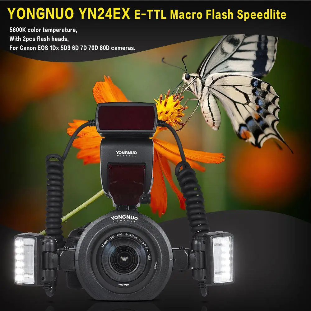 YONGNUO YN24EX E-TTL Macro Flash Speedlite 5600K Flash Heads Adapter Rings for Canon EOS 1Dx 5D3 6D 7D 70D 80D Cameras 
YONGNUO YN24EX E-TTL Macro Flash Speedlite 5600K Flash Heads Adapter Rings for Canon EOS 1Dx 5D3 6D 7D 70D 80D Cameras