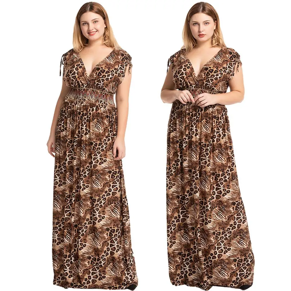 Plus Size Leopard Print Long Maxi Boho Dress Women Holiday Party Dresses Sleeveless Summer V-neck Floor-Length New XL-7XL | Женская