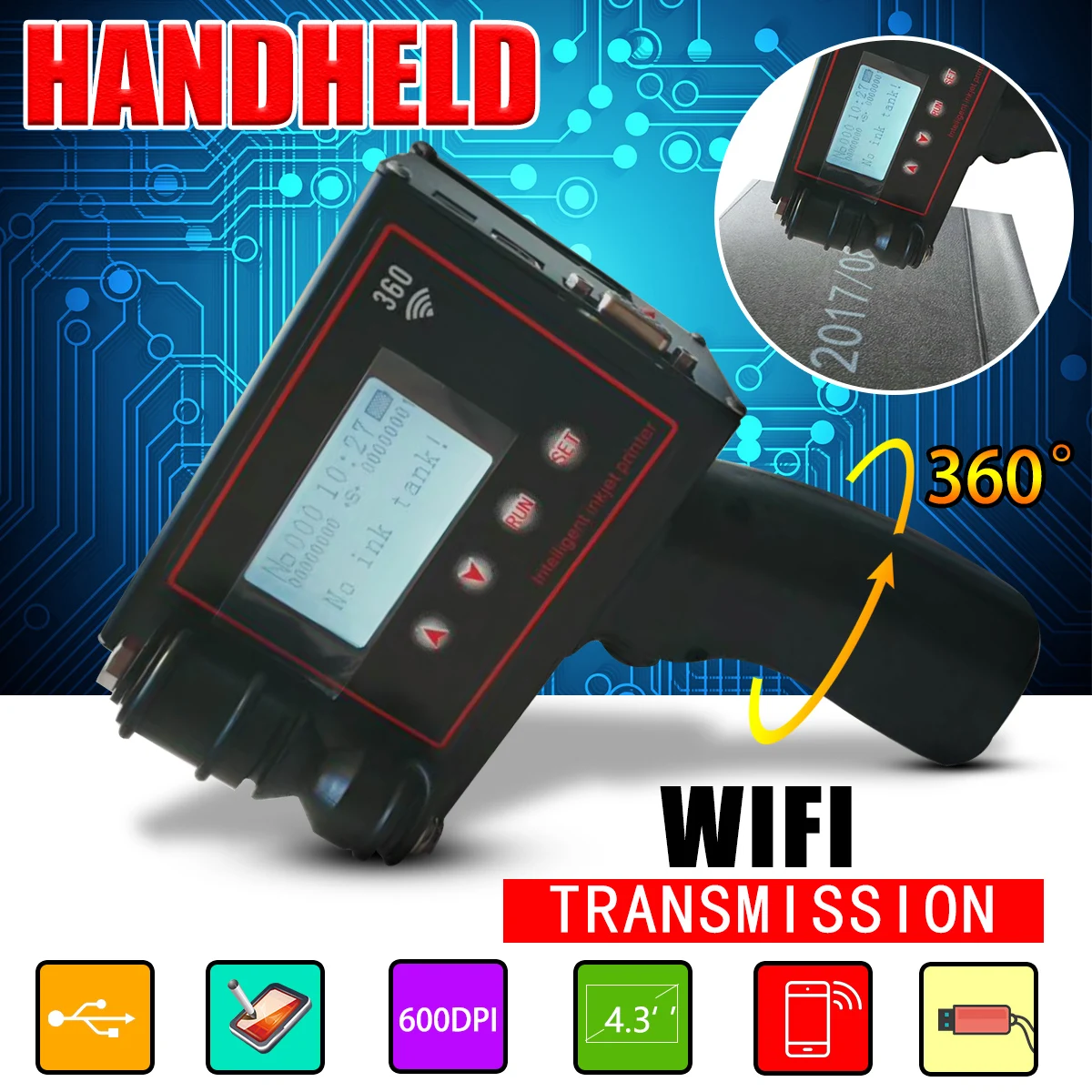 

4.3 inches Handheld Intelligent Inkjet Printer Touch Screen 360T Ink Date Coder Coding machine + Quick-drying ink cartridge