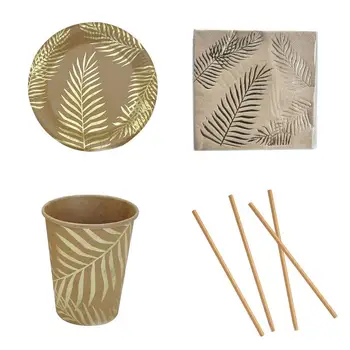 

Disposable Paper Party Supplies Cutlery Set Decorative Trays For Parties Golden Colored Palm Leaf Pattern Kraft Paper Cutlery