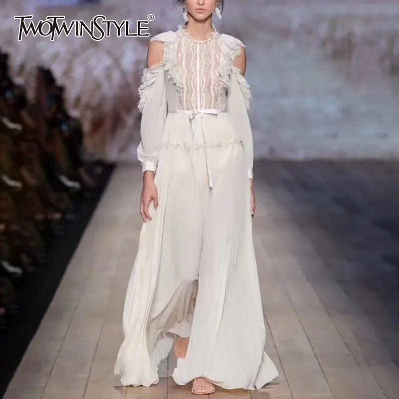 TWOTWINSTYLE Lace Patchwork Women For Dress Off Shoulder Long Sleeve High Waist Bandage Maxi Dresses Female Elegant Spring 2019
TWOTWINSTYLE Lace Patchwork Women For Dress Off Shoulder Long Sleeve High Waist Bandage Maxi Dresses Female Elegant Spring 2019