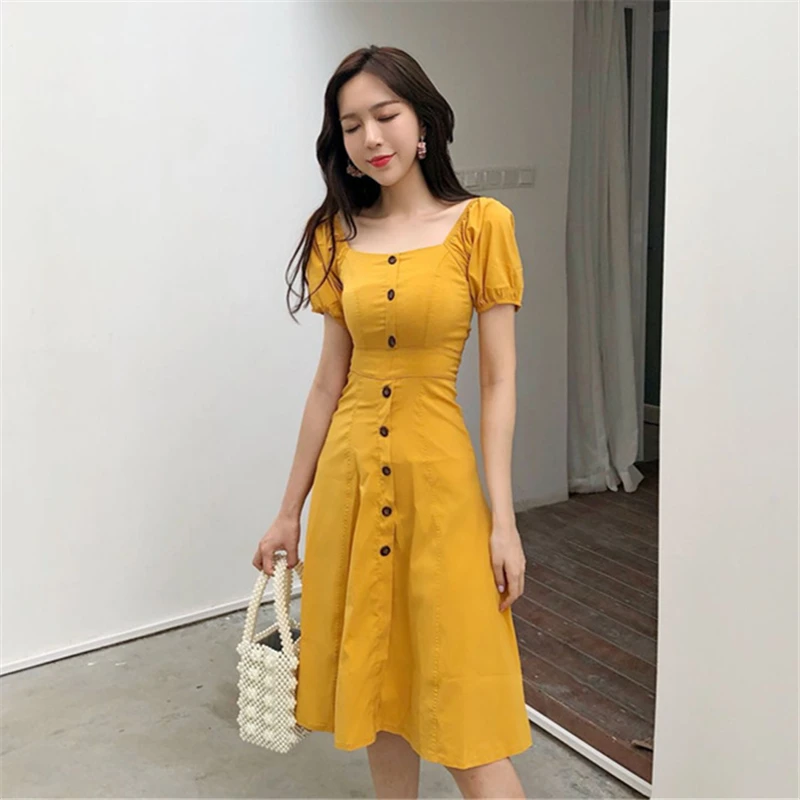 Lychee Girls Office Lady Style Mid A-line Dress Puff Sleeve Square Collar Single Breasted Dresses Solid Color Summer Women Dress
Lychee Girls Office Lady Style Mid A-line Dress Puff Sleeve Square Collar Single Breasted Dresses Solid Color Summer Women Dress