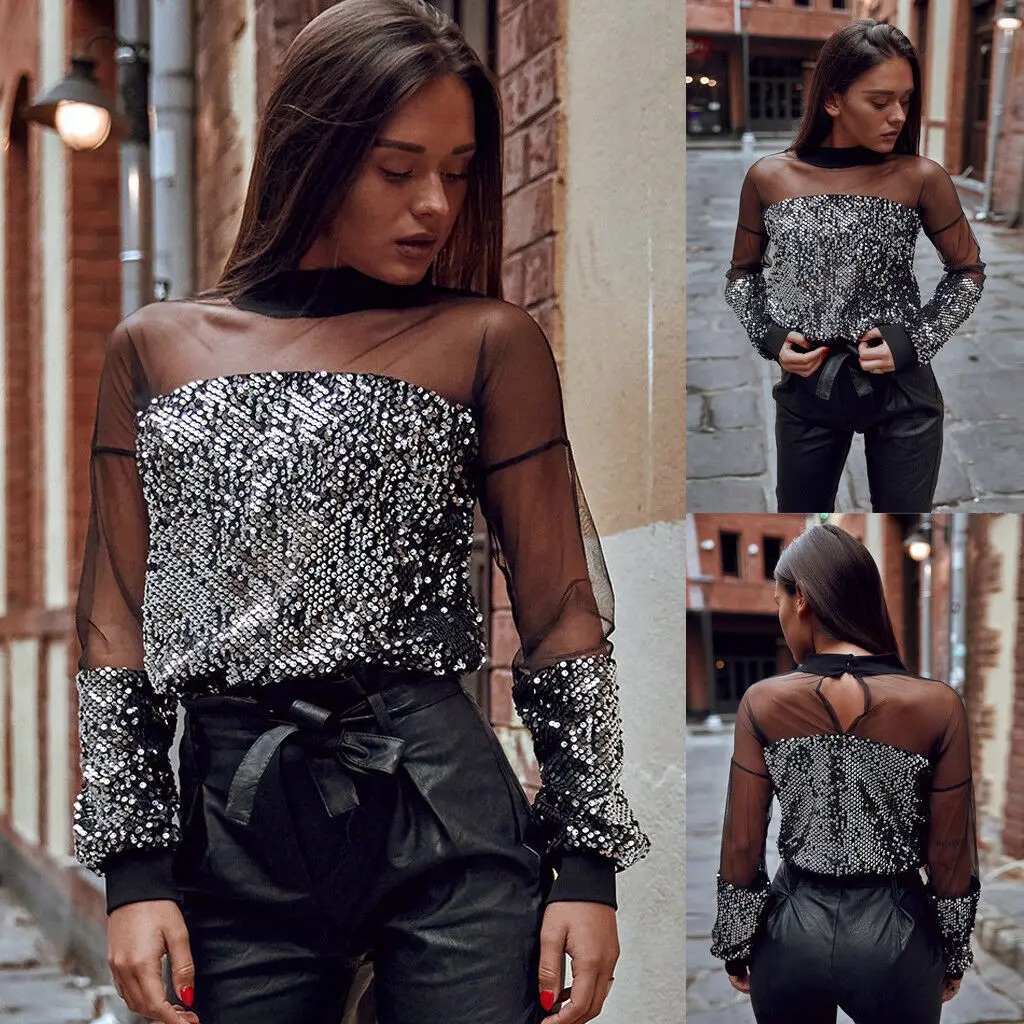 2019 Spring Fashion Sequin Mesh Off Shoulder Women Sexy Long Sleeve Sequin Party Blouse Loose Tops Ladies O Neck Shirt Clubwear
2019 Spring Fashion Sequin Mesh Off Shoulder Women Sexy Long Sleeve Sequin Party Blouse Loose Tops Ladies O Neck Shirt Clubwear