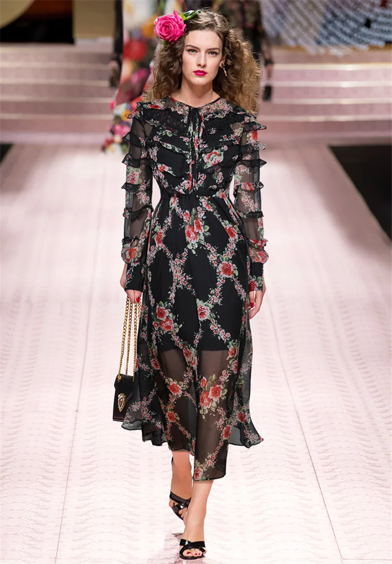 2019 Spring Vintage Women Black Floral Print Long Dress Designer Runway Ruffles Long Sleeve Female Party Midi Dresses Clothing
2019 Spring Vintage Women Black Floral Print Long Dress Designer Runway Ruffles Long Sleeve Female Party Midi Dresses Clothing