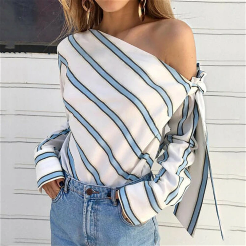 Summer Women Casual Loose Striped One Shoulder Long Sleeve Blouse Crew Neck Elegant Tops Blouse sexy Shirt blusas mujer de moda
Summer Women Casual Loose Striped One Shoulder Long Sleeve Blouse Crew Neck Elegant Tops Blouse sexy Shirt blusas mujer de moda