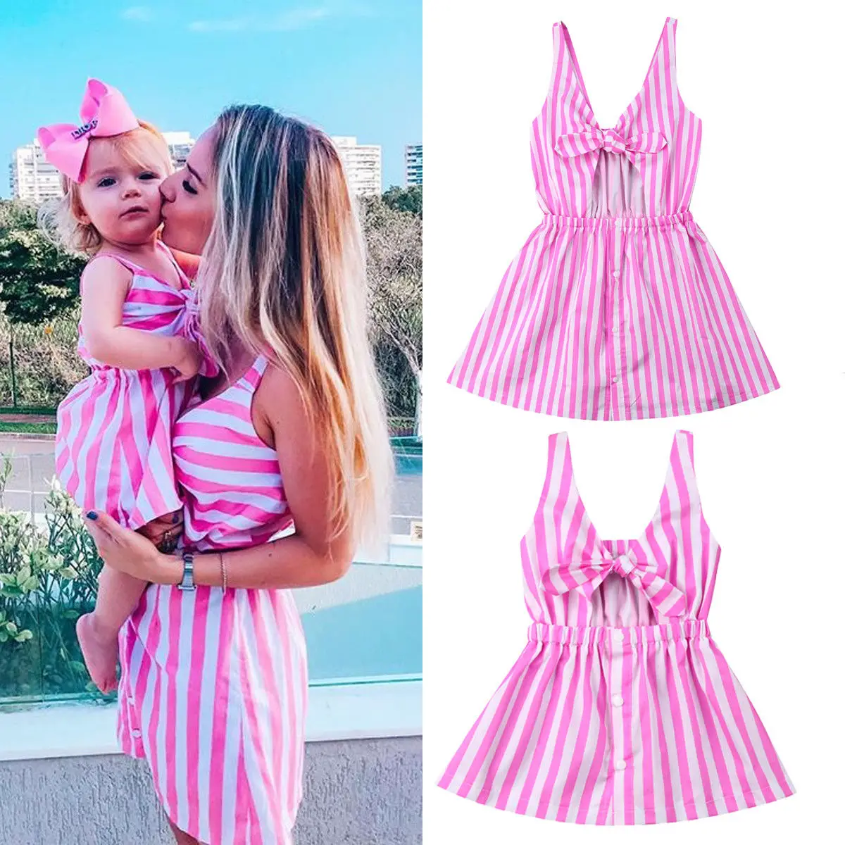 Mom and Daughter Girl Cute Summer Family Dress Sleeveless Bowknot Pink Striped Knee-Length A-Line Dress Sundress
Mom and Daughter Girl Cute Summer Family Dress Sleeveless Bowknot Pink Striped Knee-Length A-Line Dress Sundress