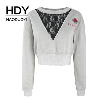 HDY Haoduoyi Spring Women Sexy V-neck Lace Long Sleeve Sweatshirts Stitching Embroidered Rib Short Pullover Tops 
HDY Haoduoyi Spring Women Sexy V-neck Lace Long Sleeve Sweatshirts Stitching Embroidered Rib Short Pullover Tops