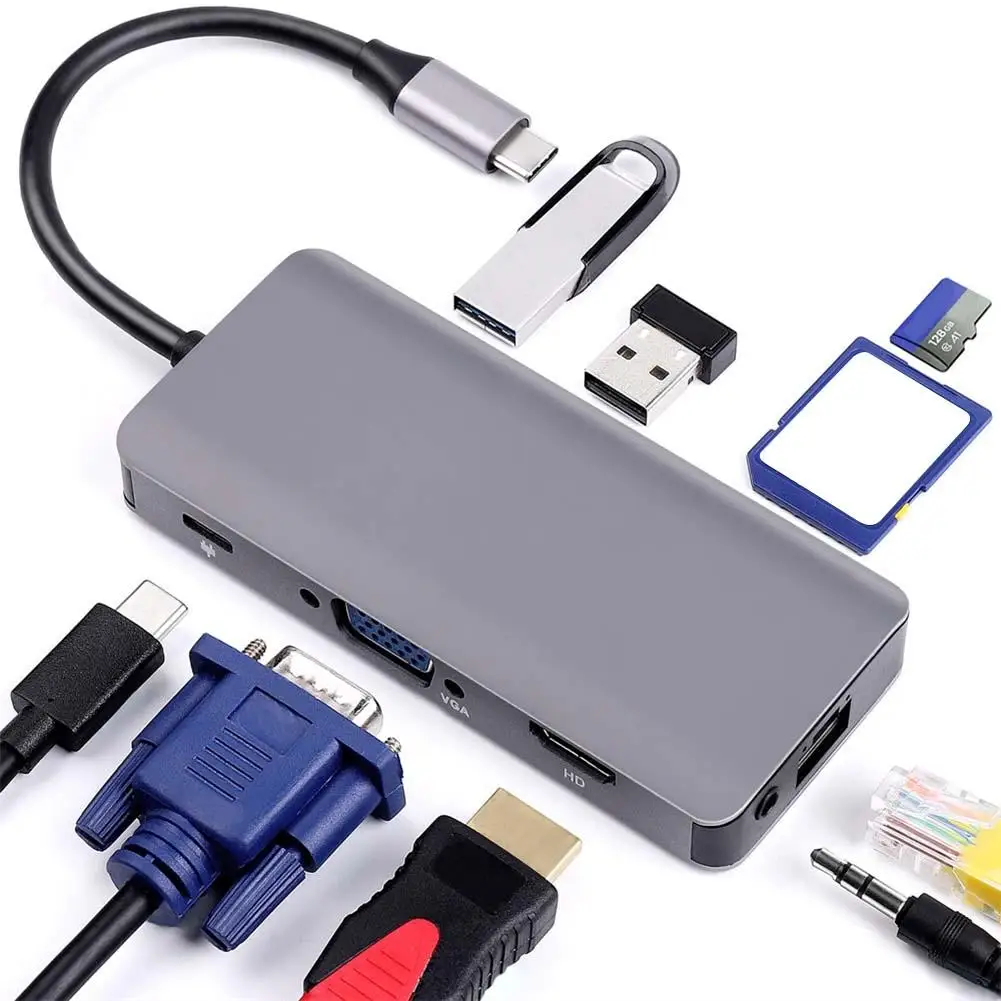 Type C Hub to HDMI + VGA Output, 2 USB3.0Ports,SD/TF Card Reader ,1000Mbps Network Adapter, Audio Port with PD3.0(100W) Charge
Type C Hub to HDMI + VGA Output, 2 USB3.0Ports,SD/TF Card Reader ,1000Mbps Network Adapter, Audio Port with PD3.0(100W) Charge