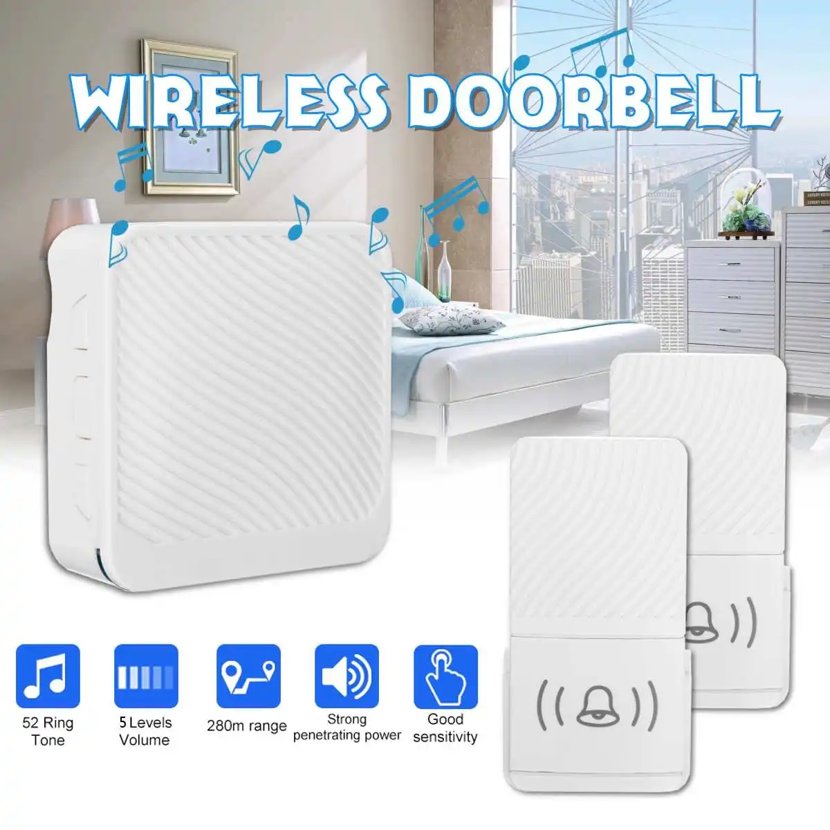 Wireless Doorbell AC 110V 50Hz 90db 280m 80x80x27mm 1 or 2 Receiver 1 or 2 Transmitter in white color
Wireless Doorbell AC 110V 50Hz 90db 280m 80x80x27mm 1 or 2 Receiver 1 or 2 Transmitter in white color