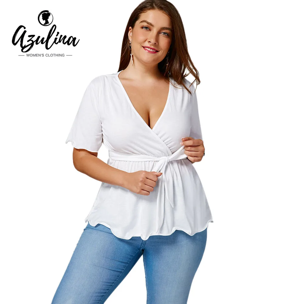 

Rosegal Plus Size Belted Empire Waisted Surplice T-shirts White Women Top female Loose tunic Fashion Elastic Wasit T-shirt 2019