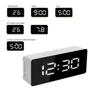

Thermometer Digital LED Display Desktop Clock Mirror Clock with Snooze Function USB & Battery Operated Desk Table Alarm Clocks