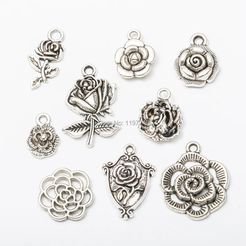 Camellia Rose 10pcs Various Zinc Alloy Silver plated Roses Charm Pendant Hollow Flower Connector DIY Jewelry Finding | Украшения и
