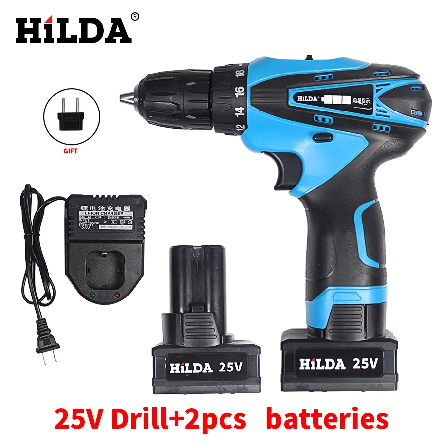 25V Cordless Screwdriver Electric Drill Two-Speed Rechargeable Waterproof Drill LED Light with 2pcs Lithium Batteries
25V Cordless Screwdriver Electric Drill Two-Speed Rechargeable Waterproof Drill LED Light with 2pcs Lithium Batteries