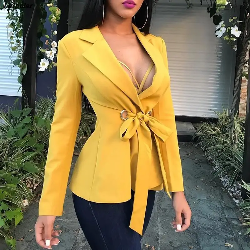 

2018 Winter Women Fashion Elegant Casual Office Yellow Coat Female Deep V-Neck Eyelet Tied Front Jacket Laipelar