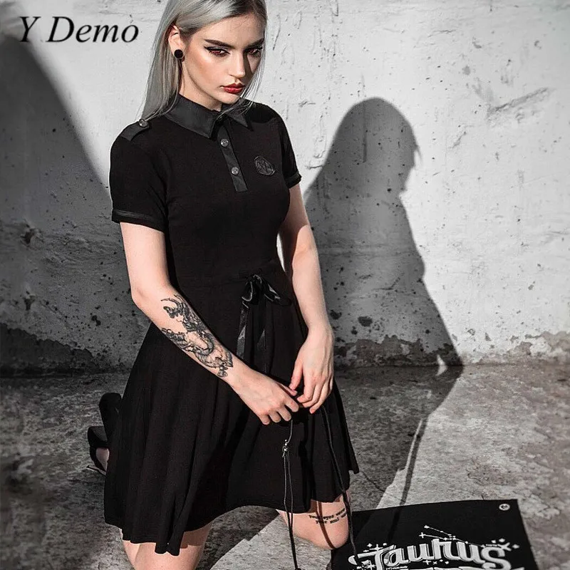 Gothic Black Short Sleeve Dress Women Punk Slim Waist Drawstring Buttons Turn Down Collar Mini Dress
Gothic Black Short Sleeve Dress Women Punk Slim Waist Drawstring Buttons Turn Down Collar Mini Dress