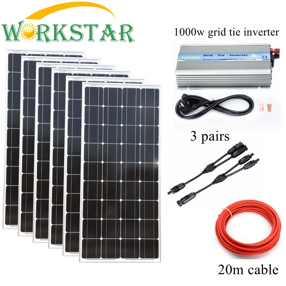 

6*100W Glass Grid Solar Panels with 1000W Grid Tie Inverter Complete 600W Grid Tie solar System Kit 20 Years Lifetime
