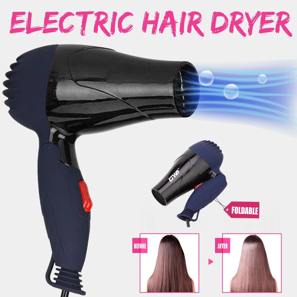 

Household Travel Hairdryer Professional 1500W Foldable Hairdressing Salon Electric Hair Dryer Mini Blower Home Hairstyling Tools
