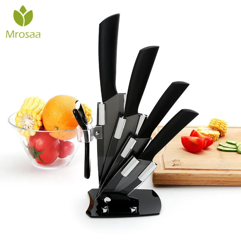 

Mrosaa Kitchen knives Ceramic Knives Accessories set 3" Paring 4" Utility 5" Slicing 6" chef Knife+Holder+Peeler Black Blade