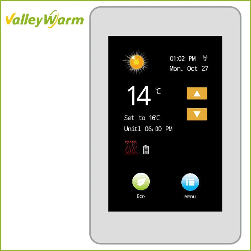 ValleyWarm Smart Programming Touch ColorScreen Thermostat for Hydronic Floor Heating Temperature Control
ValleyWarm Smart Programming Touch ColorScreen Thermostat for Hydronic Floor Heating Temperature Control