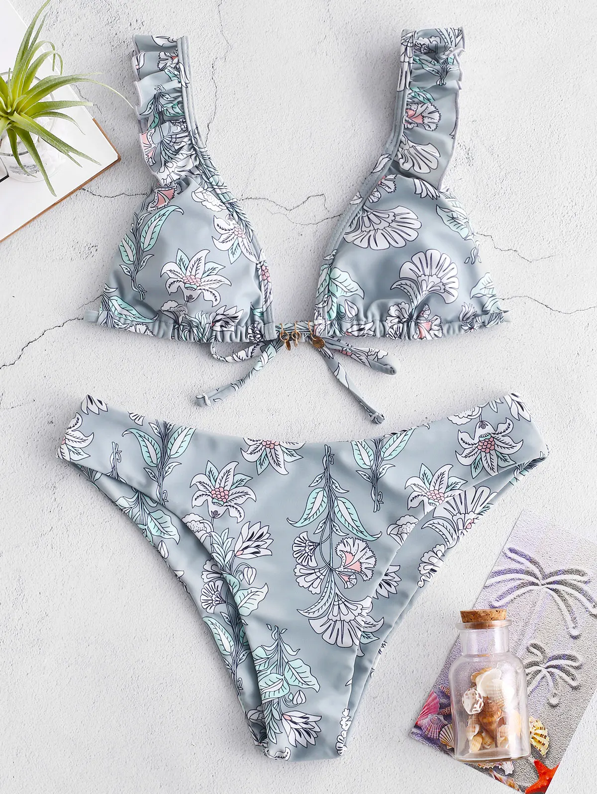 

ZAFUL Push Up Bikini Set Underwire Flower Ruffles Swimsuit For Women Sexy Solid Bandeau Female Bathing Suit 2019 Summer Biquini