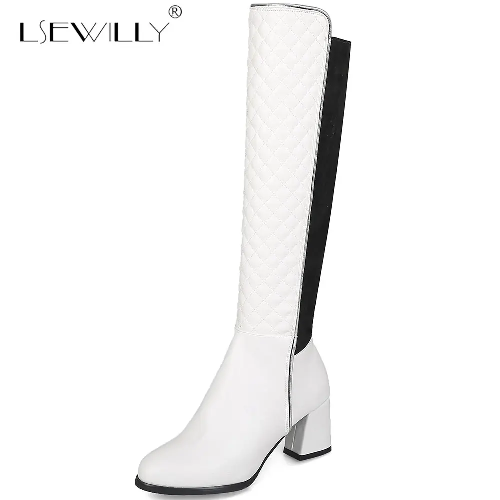 Lsewilly High Quality Motorcycle Boots Women Winter Round Toe Slip On Knee High Boots Thick Heels Chaussures Femme Elastic boots