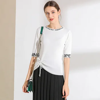 2019 spring and summer net red knitted shirt feminino half-sleeved letters draw string wrinkles slimming pullover girl 1950
2019 spring and summer net red knitted shirt feminino half-sleeved letters draw string wrinkles slimming pullover girl 1950