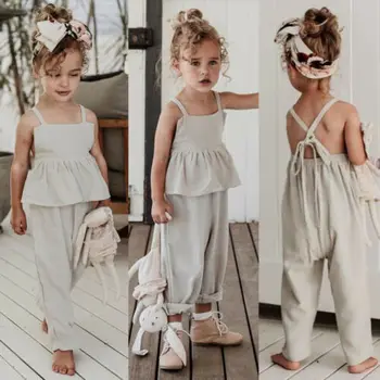 

US Toddler Kids Baby Girl Clothes Solid Color Holiday Overall Ruffle Bandage Jumpsuit Bodysuit One-Pieces Sunsuit Outfit Summer