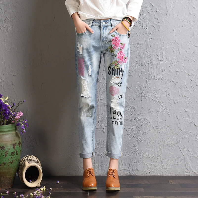 Plus Size Flower Embroidered Jeans Pants Stretch Ripped Distressed Jeans Women High Waist Jeans Boyfriend Harem Denim Pant lady
Plus Size Flower Embroidered Jeans Pants Stretch Ripped Distressed Jeans Women High Waist Jeans Boyfriend Harem Denim Pant lady