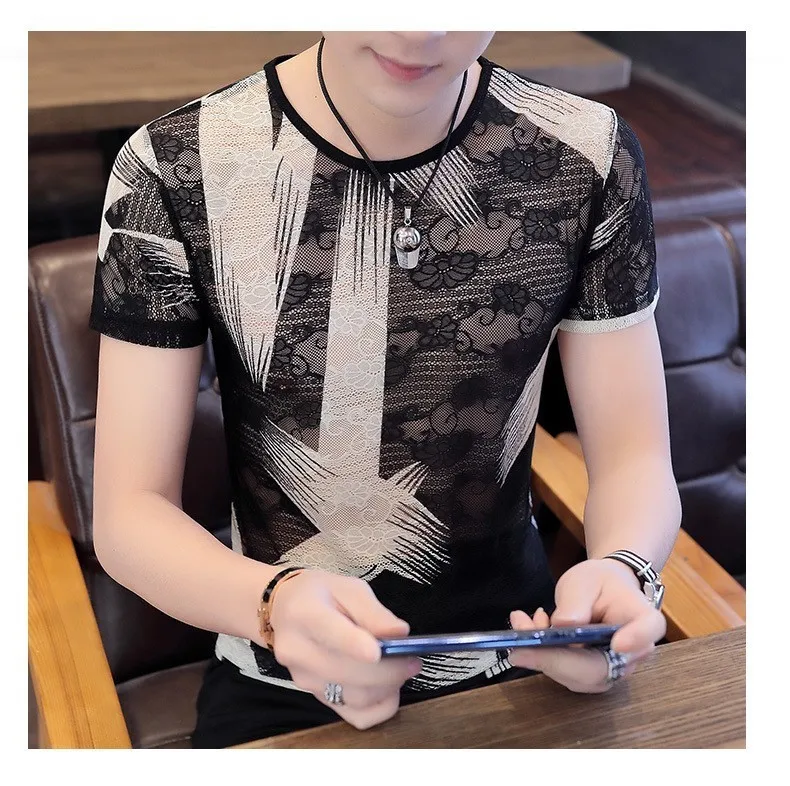 Новинка 2019 Мужская черная футболка с вырезами мужские кружевные сетчатые